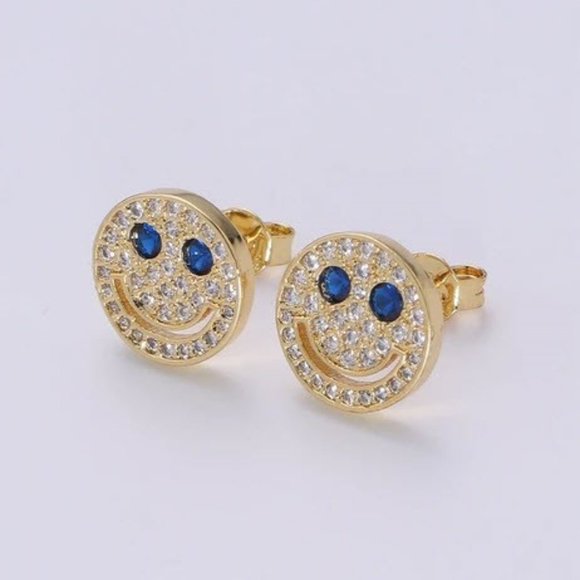 CZ Smiley Face Stud Earrings - Blue and Gold - Picture 3 of 5